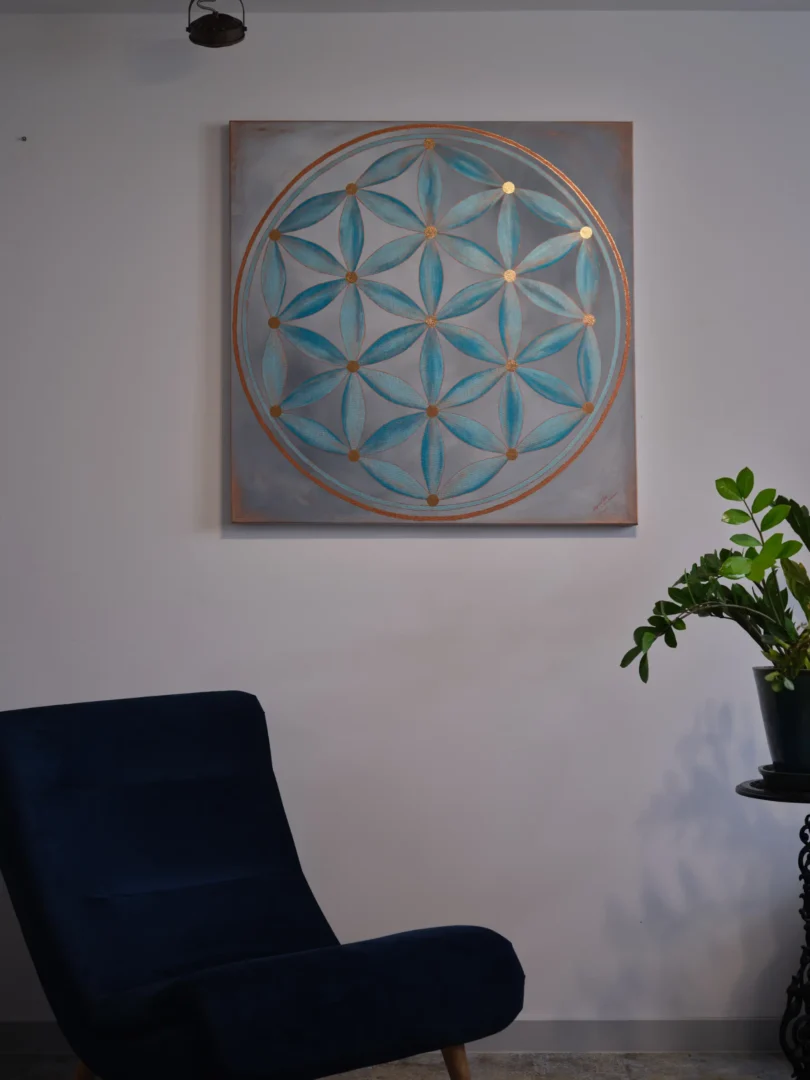 Mandala Kwiat Życia w błękicie i miedzi