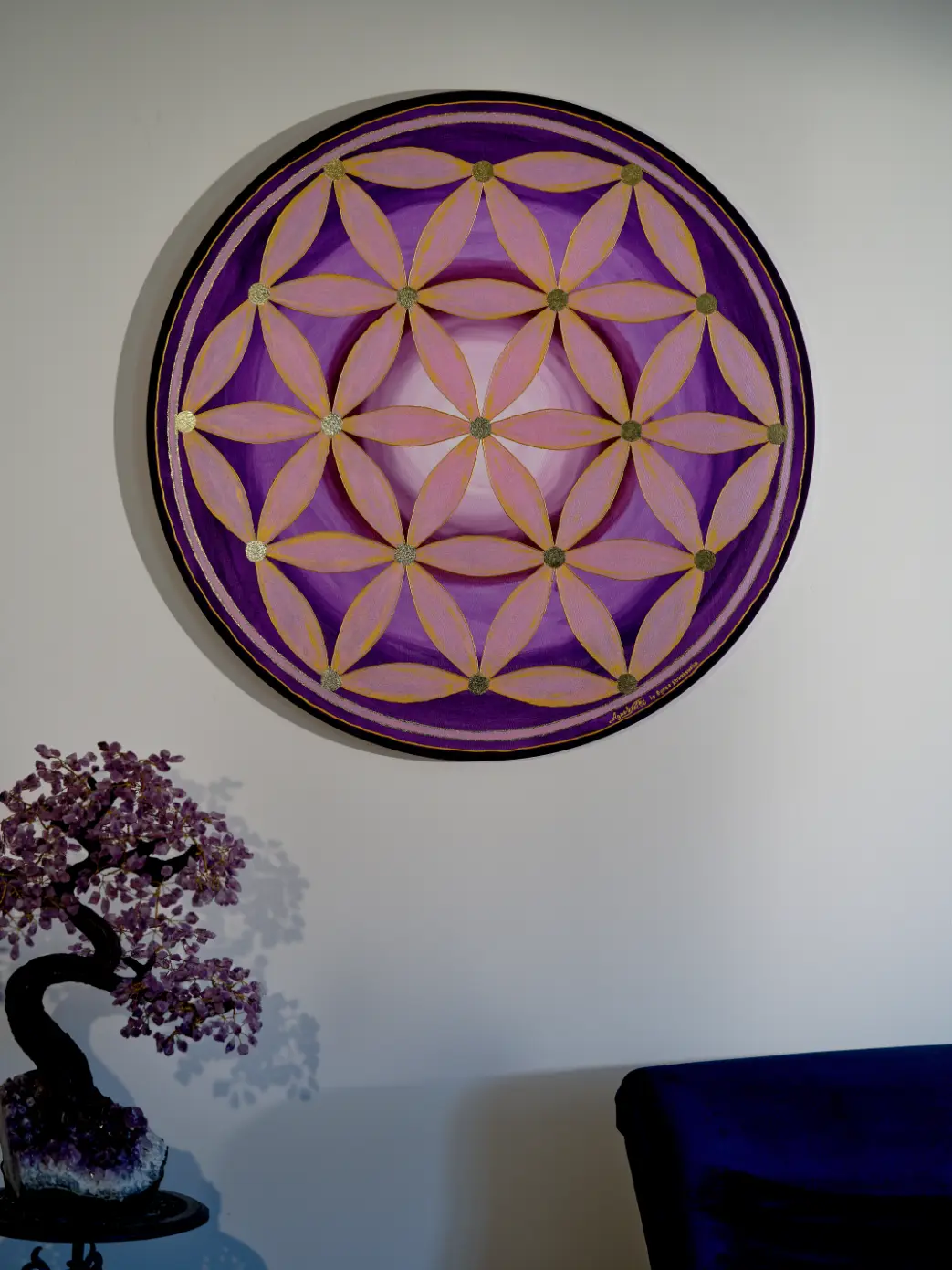 Mandala Kwiat Życia w fiolecie, różu i złocie